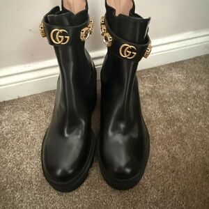 Gucci Black Leather Ankle Boots with Gold Double G and Stud Accents